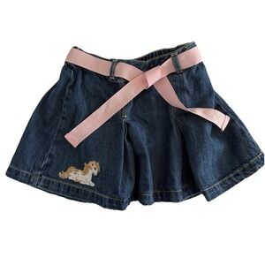 Crazy 8 Girl's Size 5 Blue Pleated Denim Jean Skirt Pony Design Pink Ribbon Belt